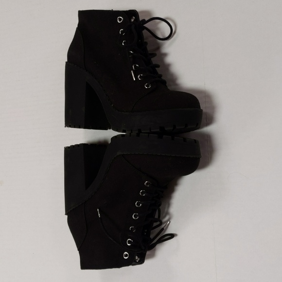 Divided, H&M black canvas healed combat / Moto style booties. Sz 7 - Picture 3 of 6